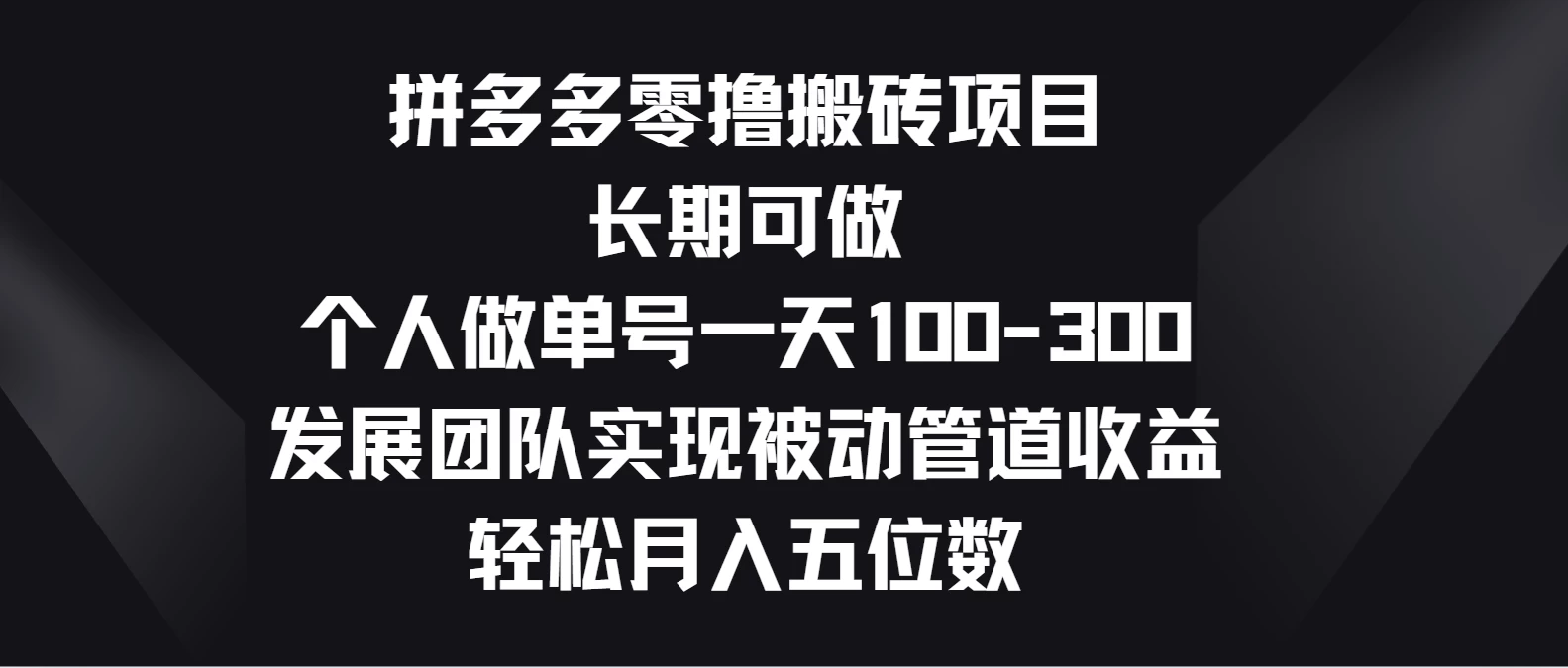 拼多多零撸搬砖项目，长期可做，个人做单号一天100-300，发展团队实现被动管道收益，轻松月入五位数-天行资源库