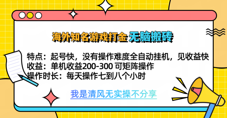 知名游戏打金，无脑搬砖单机收益200-300+  即做！即赚！当天见收益！-天行资源库