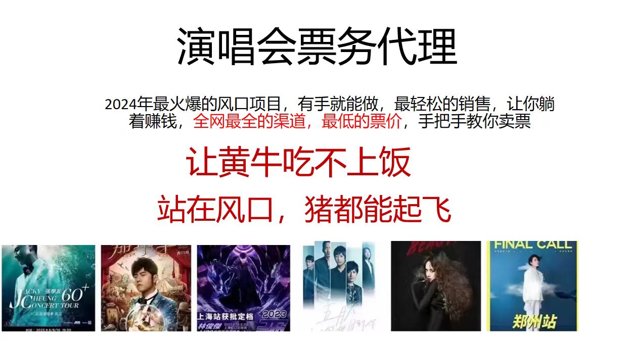 演唱会票务代理，2024年最火爆风口项目，全网最低的票价，小白一分钟上手-天行资源库