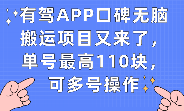 有驾APP口碑无脑搬运项目又来了，单号最高110块，可多号操作-天行资源库