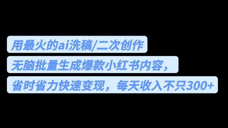 用最火的ai洗稿，无脑批量生成爆款小红书内容，省时省力，每天收入不只300+-天行资源库