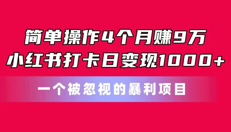 简单操作4个月赚9万！小红书打卡日变现1000+！一个被忽视的暴力项目-天行资源库