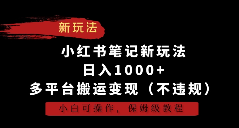 小红书笔记新玩法，日入1000+，多平台搬运变现（不违规），小白可操作，保姆级教程-天行资源库
