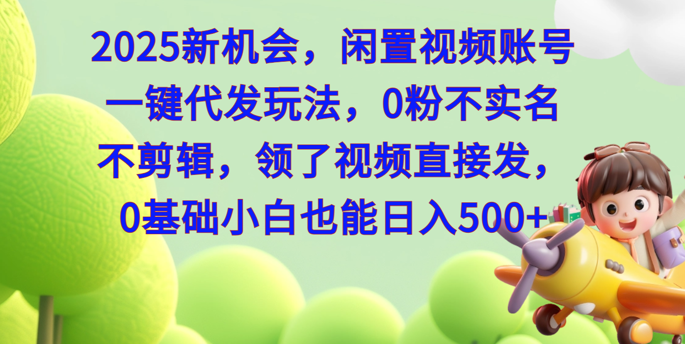 2025新机会，闲置视频账号一键代发玩法，0粉不实名不剪辑，领了视频直接发，0基础小白也能日入500-天行资源库