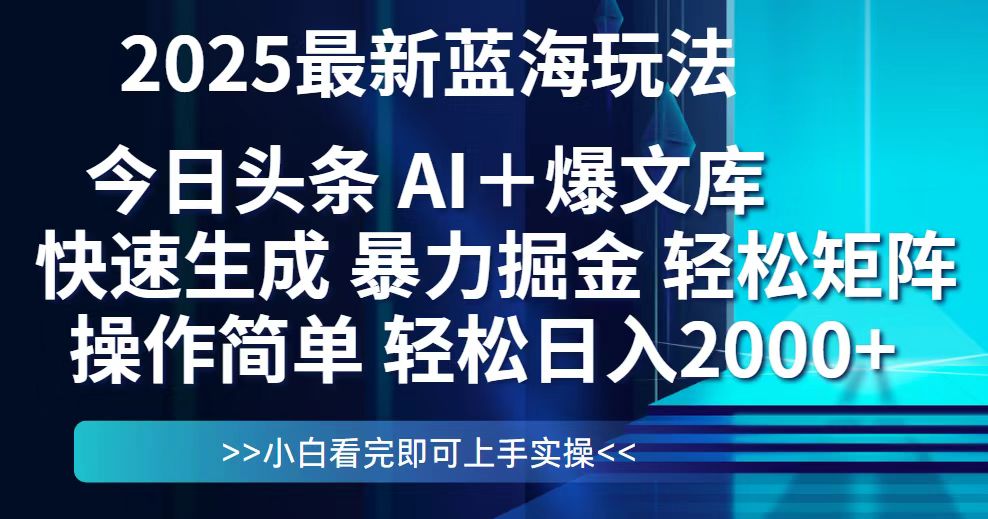 今日头条2025最新蓝海玩法，思路简单，复制粘贴，轻松实现矩阵日入2000+-天行资源库