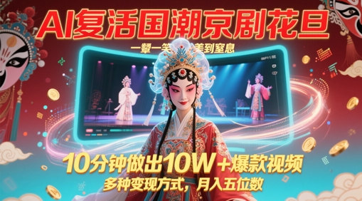 AI复活国潮京剧花旦，一颦一笑美到窒息，10分钟做出10W+爆款视频，多种变现方式，月入五位数-天行资源库