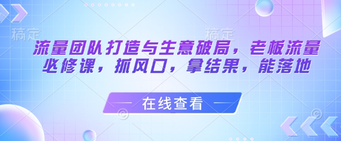 流量团队打造与生意破局，老板流量必修课，抓风口，拿结果，能落地-天行资源库