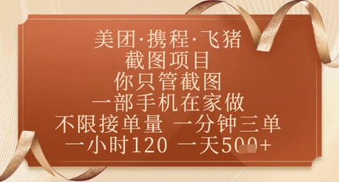飞猪美团截图项目，你只管截图，一部手机在家做，正规平台无套路，一天5张+【揭秘】-天行资源库