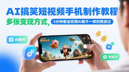 AI搞笑短视频手机制作教程，多张变现方式，5分钟教会你用AI做不一样的西游记-天行资源库
