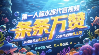 第一人称水族代言视频，条条万赞，20条作品涨粉7.8W，多种变现方式月入五位数-天行资源库