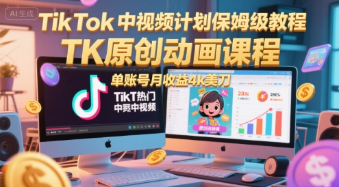 TikTok中视频计划保姆级教程，TK原创动画课程，单账号月收益4k美刀-天行资源库