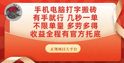 手机电脑打字搬砖，副业可发展主业来做蓝海项目，有手就行，几秒一单，不限单量，多劳多得【揭秘】-天行资源库