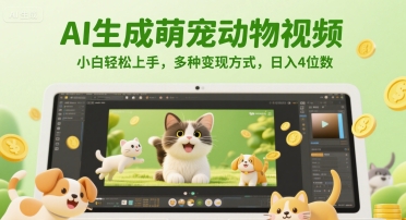 AI生成萌宠动物视频，小白轻松上手，多种变现方式，日入4位数-天行资源库
