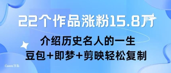 22个作品涨粉15.8W ，介绍历史名人的一生 ， 豆包+即梦+剪映轻松复制-天行资源库