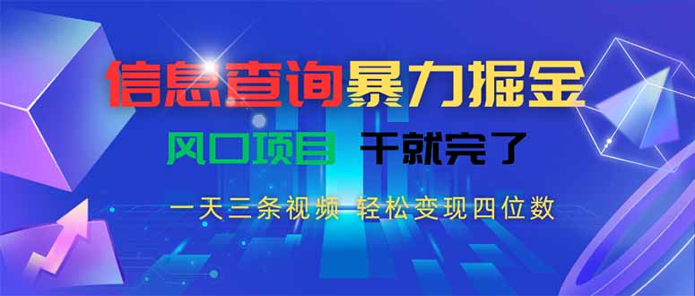 信息查询暴力掘金，一天三条视频 轻松变现四位数，风口项目干就完了-天行资源库