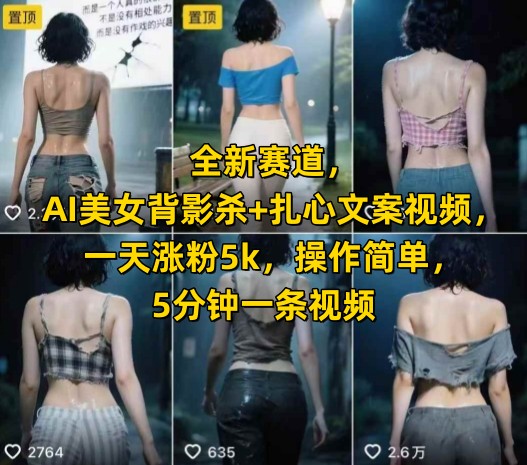 全新赛道，AI美女背影杀+扎心文案视频，一天涨粉5k，操作简单，5分钟一条视频-天行资源库