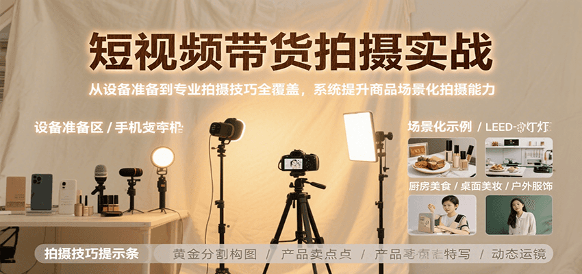 短视频带货拍摄实战，从设备准备到专业拍摄技巧全覆盖，系统提升商品场景化拍摄能力-天行资源库