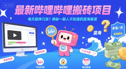 最新哔哩哔哩上B站搬砖项目，每天能挣几张？揭秘一般人不知道的蓝海赛道-天行资源库