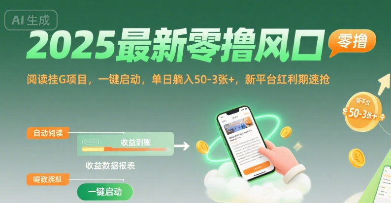 2025最新零撸风口，阅读挂G项目，一键启动，单日躺入 50-3张+，新平台红利期速抢【揭秘】-天行资源库