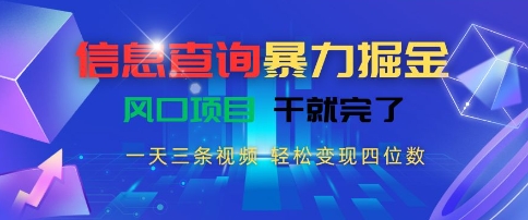信息查询暴力掘金，一天三条视频，轻松变现四位数，风口项目干就完了【揭秘】-天行资源库
