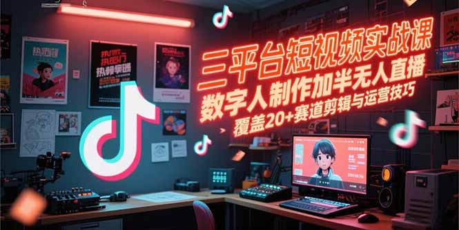 三平台短视频实战课，数字人制作加半无人直播，覆盖20+赛道剪辑与运营技巧-天行资源库