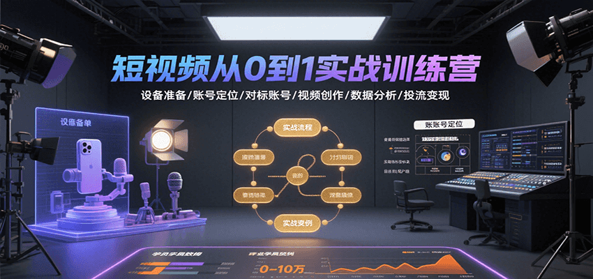 短视频从0到1实战训练营：设备准备/账号定位/对标账号/视频创作/数据分析/投流变现-天行资源库