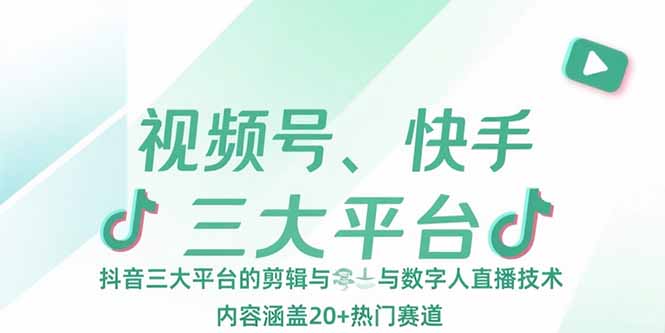 视频号、快手、抖音三大平台的剪辑与数字人直播技术，内容涵盖20+热门赛道-天行资源库