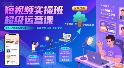 短视频实操班超级运营课，新手小白到短视频大神必修课程，剪辑-拍摄-运营-直播-变现-天行资源库